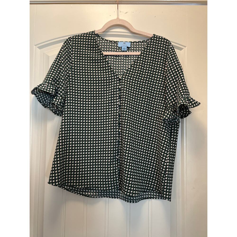 Cece Women’s V-Neck‎ Gingham Button Down Short Ruffle Sleeve Top Size M Green